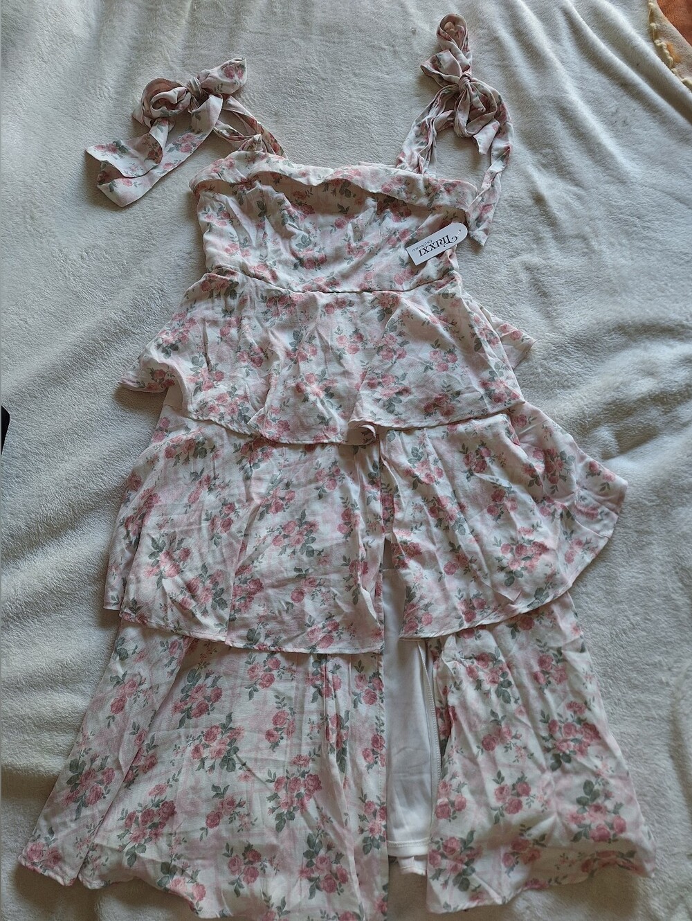 Trixxi Floral Tiered Ruffle Midi Dress NWT Pink Rose Tie Strap Cottagecore Sz XL